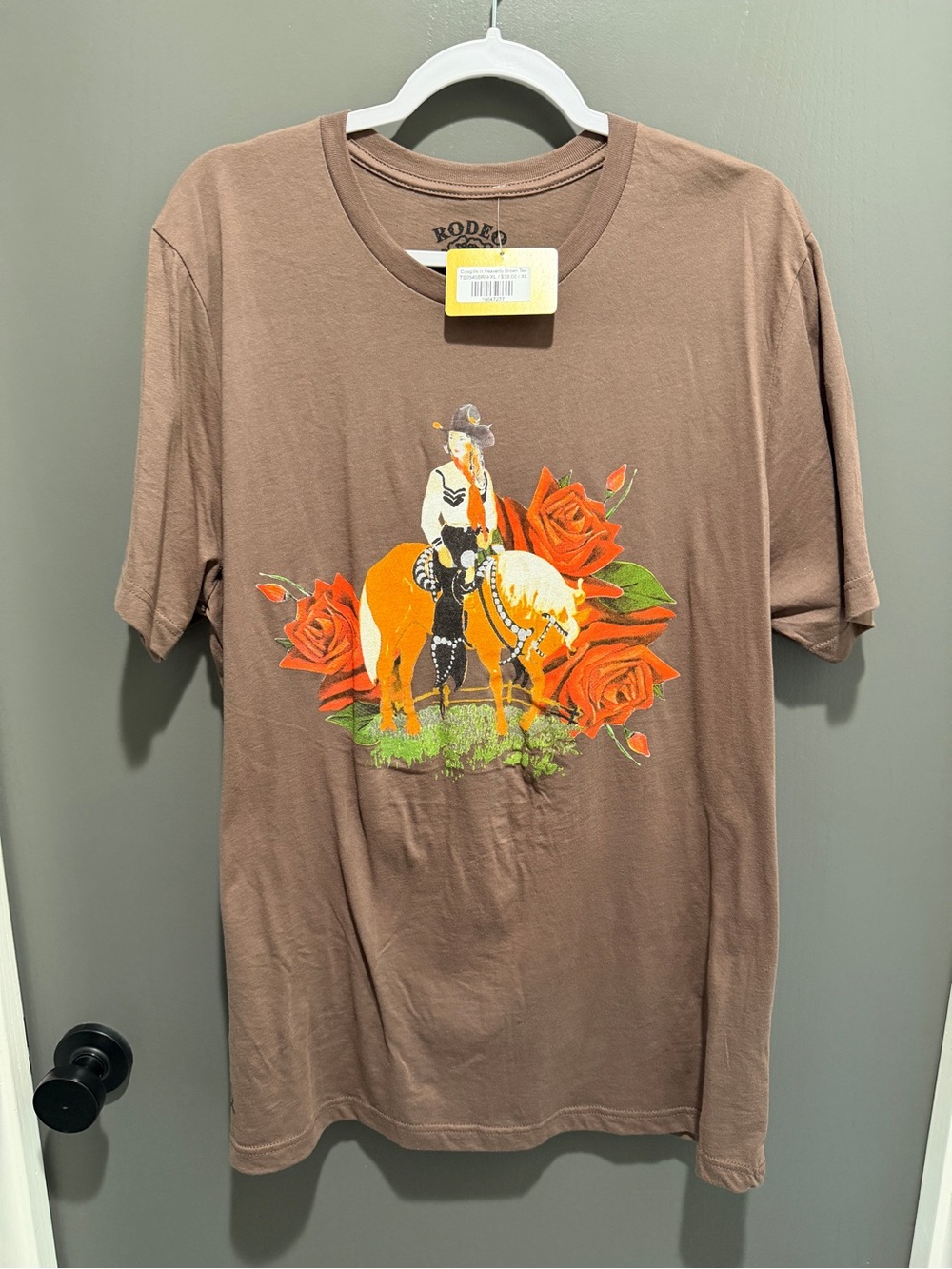 Graphic Brown Rodeo Quincy T-Shirt with Cowgirl and Roses